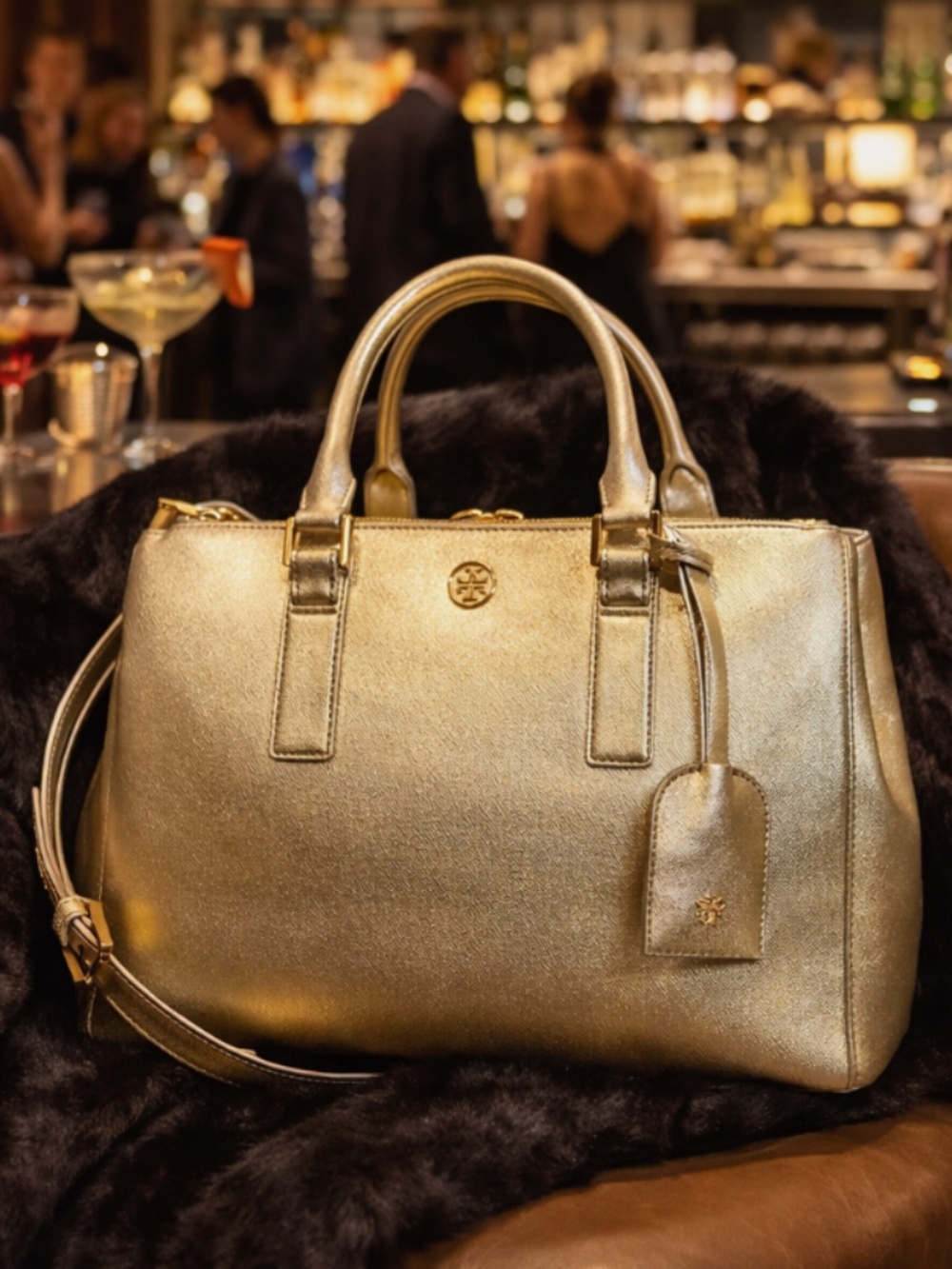 Tory Burch Gold Saffiano Leather Robinson Double-Zip Satchel/Crossbody Bag